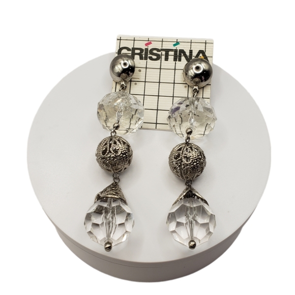 New OS Retro Disco Ball 4" Dangle Pierced Faux Crystal & Silver Tone Earrings - Picture 7 of 9